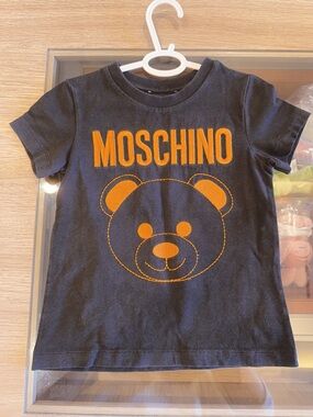 Moschino Kids Black Tee with Embroidery Orange Teddy Logo